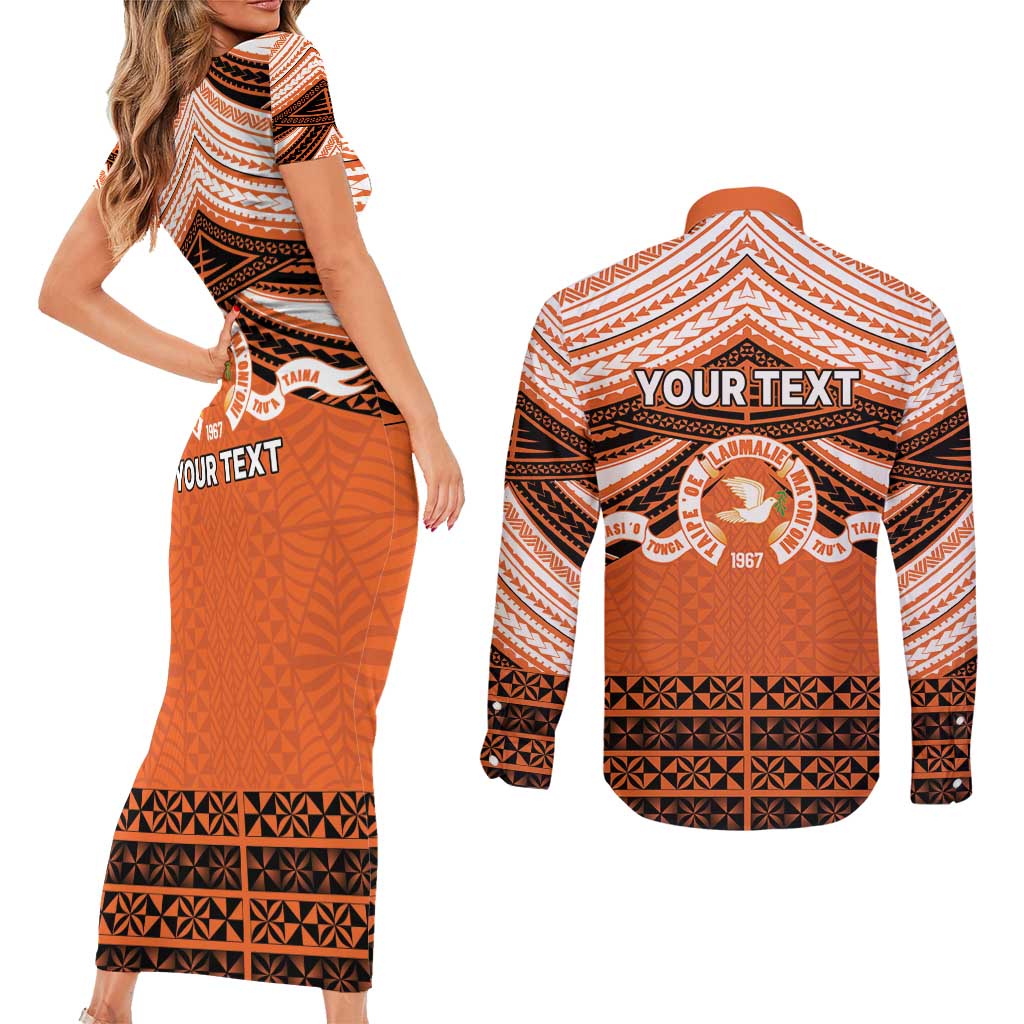 Personalised Tonga Tailulu College Couples Matching Short Sleeve Bodycon Dress and Long Sleeve Button Shirt Polynesian Ngatu Tribal
