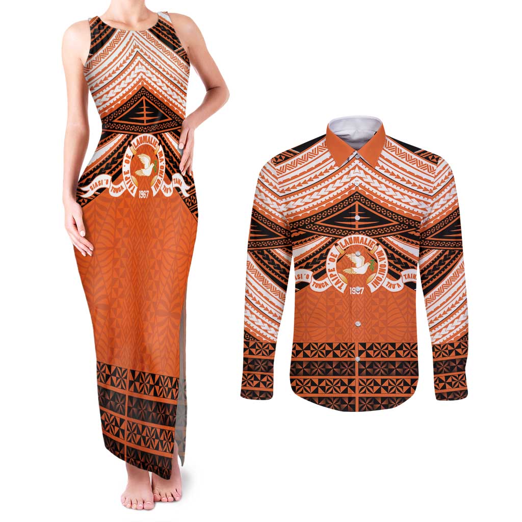 Personalised Tonga Tailulu College Couples Matching Tank Maxi Dress and Long Sleeve Button Shirt Polynesian Ngatu Tribal