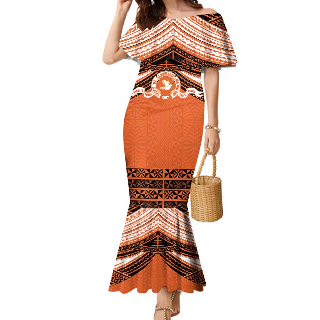 Personalised Tonga Tailulu College Family Matching Mermaid Dress and Hawaiian Shirt Polynesian Ngatu Tribal LT9 Mom's Dress Orange - Polynesian Pride