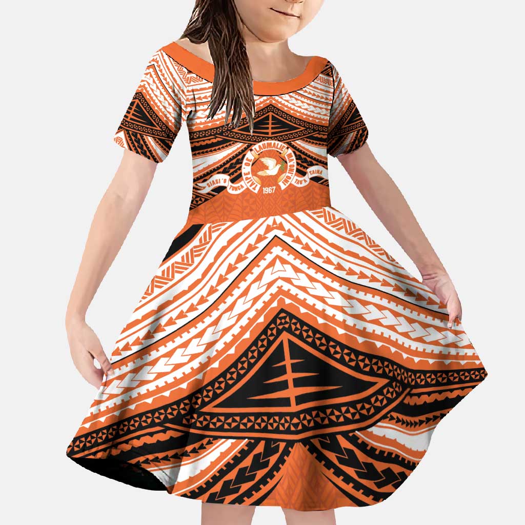 Personalised Tonga Tailulu College Family Matching Off Shoulder Maxi Dress and Hawaiian Shirt Polynesian Ngatu Tribal LT9 Daughter's Dress Orange - Polynesian Pride