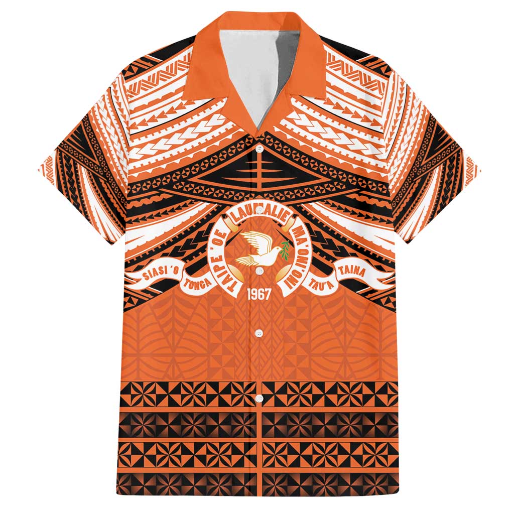 Personalised Tonga Tailulu College Family Matching Off Shoulder Maxi Dress and Hawaiian Shirt Polynesian Ngatu Tribal LT9 Dad's Shirt - Short Sleeve Orange - Polynesian Pride