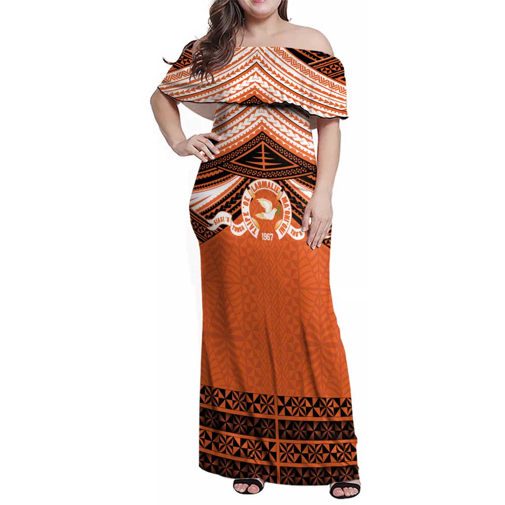 Personalised Tonga Tailulu College Family Matching Off Shoulder Maxi Dress and Hawaiian Shirt Polynesian Ngatu Tribal LT9 Mom's Dress Orange - Polynesian Pride