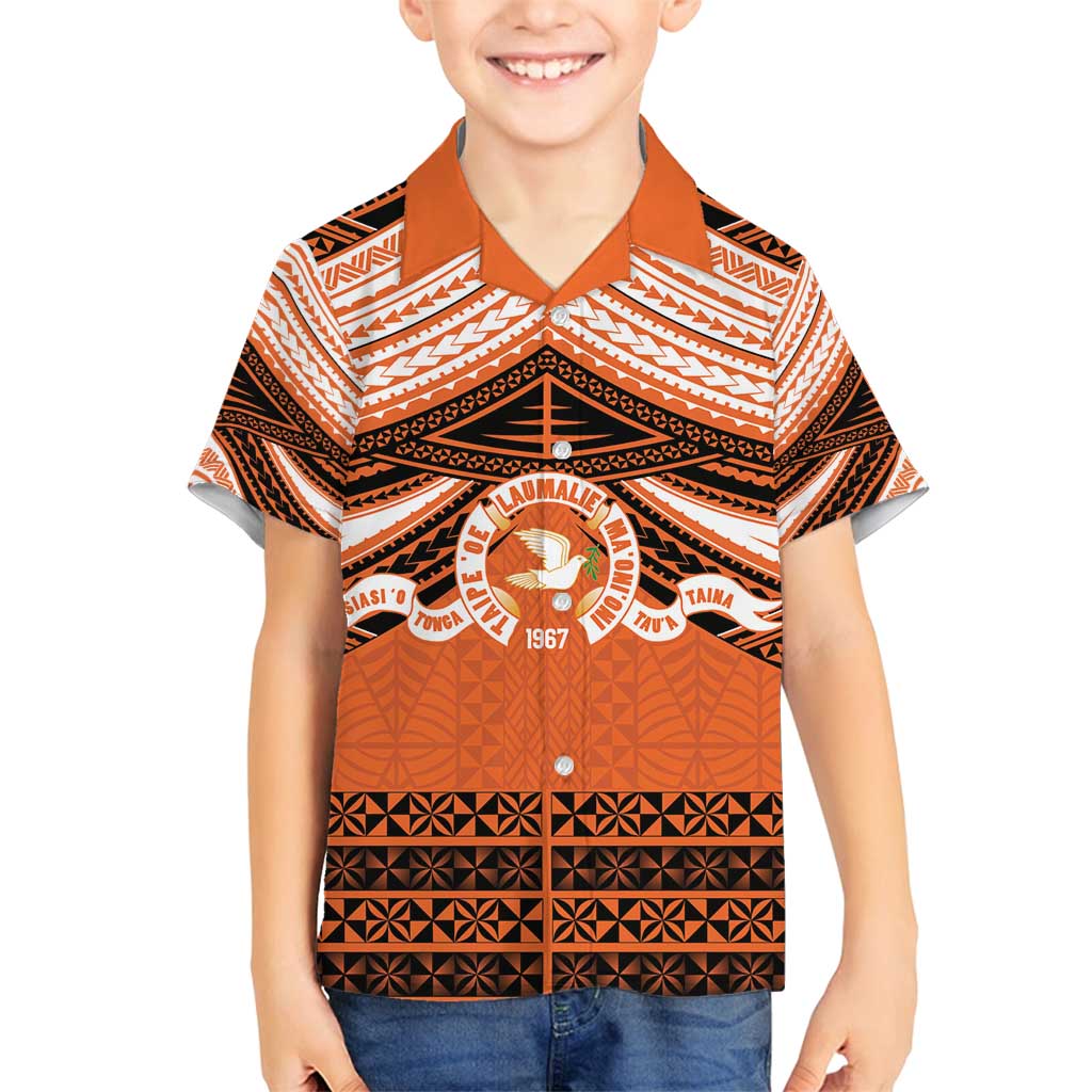 Personalised Tonga Tailulu College Family Matching Off Shoulder Maxi Dress and Hawaiian Shirt Polynesian Ngatu Tribal LT9 Son's Shirt Orange - Polynesian Pride