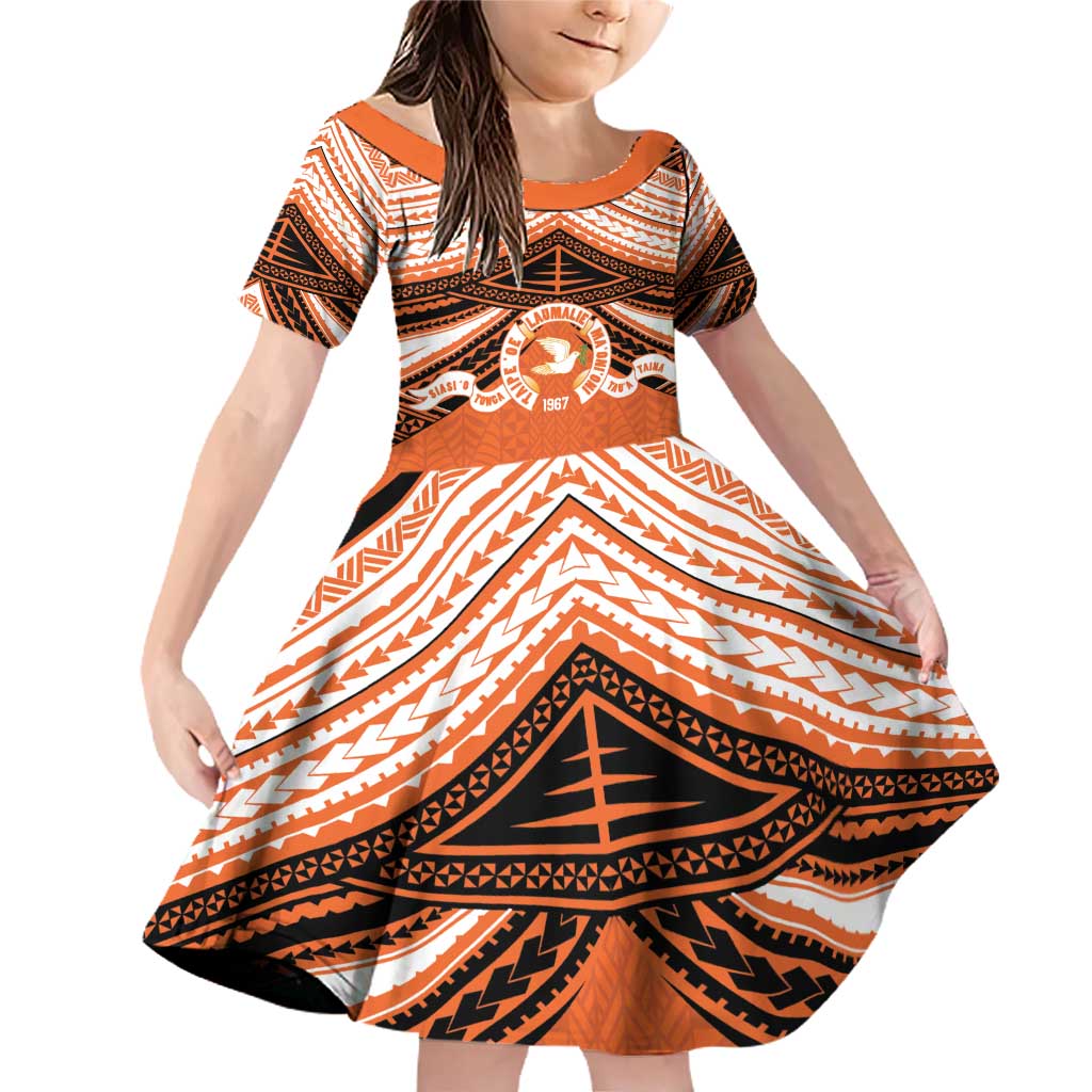 Personalised Tonga Tailulu College Family Matching Off Shoulder Short Dress and Hawaiian Shirt Polynesian Ngatu Tribal LT9 Daughter's Dress Orange - Polynesian Pride