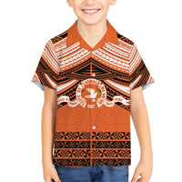 Personalised Tonga Tailulu College Family Matching Off Shoulder Short Dress and Hawaiian Shirt Polynesian Ngatu Tribal LT9 Son's Shirt Orange - Polynesian Pride