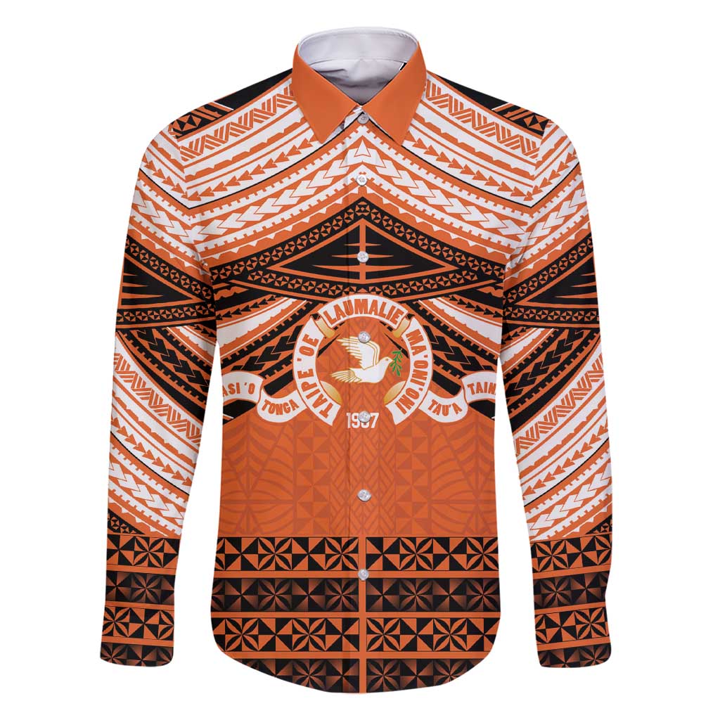 Personalised Tonga Tailulu College Family Matching Short Sleeve Bodycon Dress and Hawaiian Shirt Polynesian Ngatu Tribal LT9 Dad's Shirt - Long Sleeve Orange - Polynesian Pride