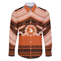 Personalised Tonga Tailulu College Family Matching Short Sleeve Bodycon Dress and Hawaiian Shirt Polynesian Ngatu Tribal LT9 Dad's Shirt - Long Sleeve Orange - Polynesian Pride