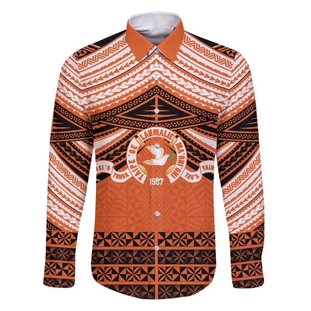 Personalised Tonga Tailulu College Family Matching Tank Maxi Dress and Hawaiian Shirt Polynesian Ngatu Tribal LT9 Dad's Shirt - Long Sleeve Orange - Polynesian Pride
