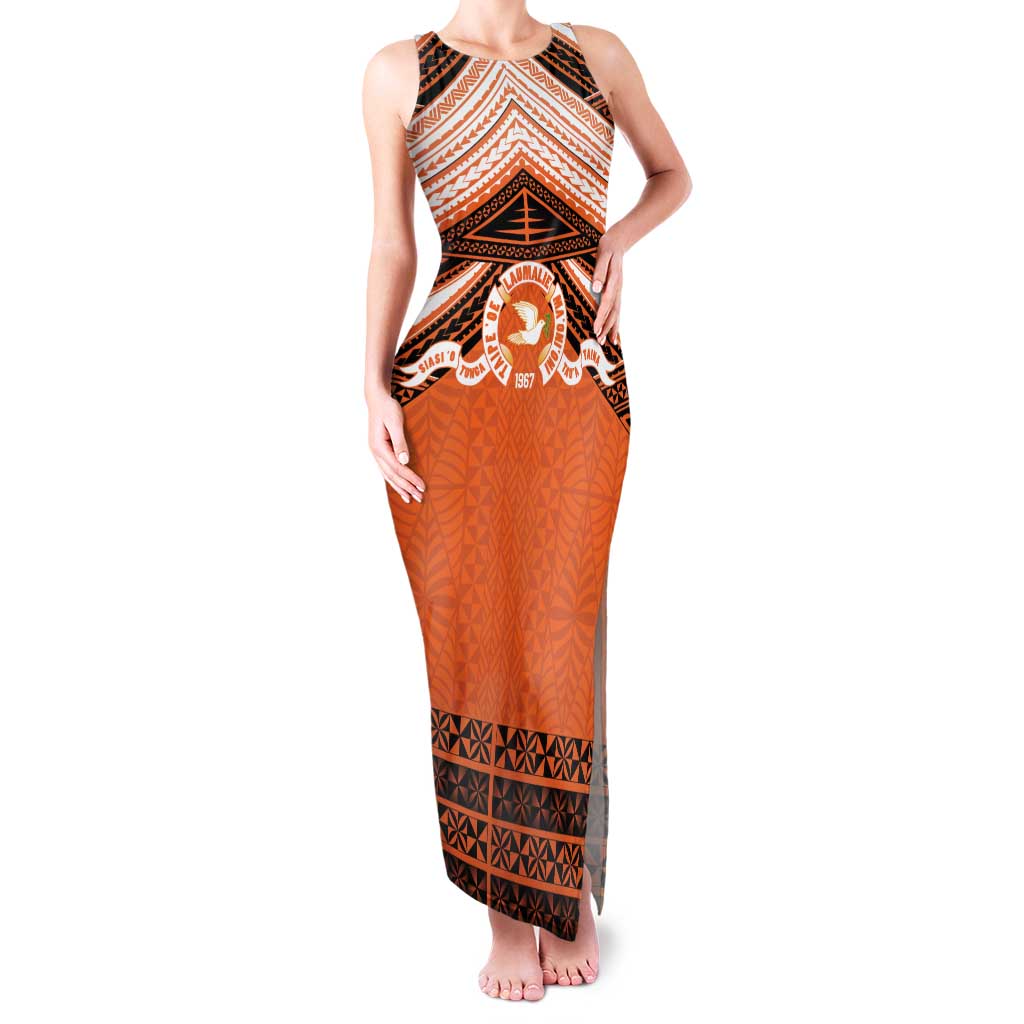 Personalised Tonga Tailulu College Family Matching Tank Maxi Dress and Hawaiian Shirt Polynesian Ngatu Tribal LT9 Mom's Dress Orange - Polynesian Pride