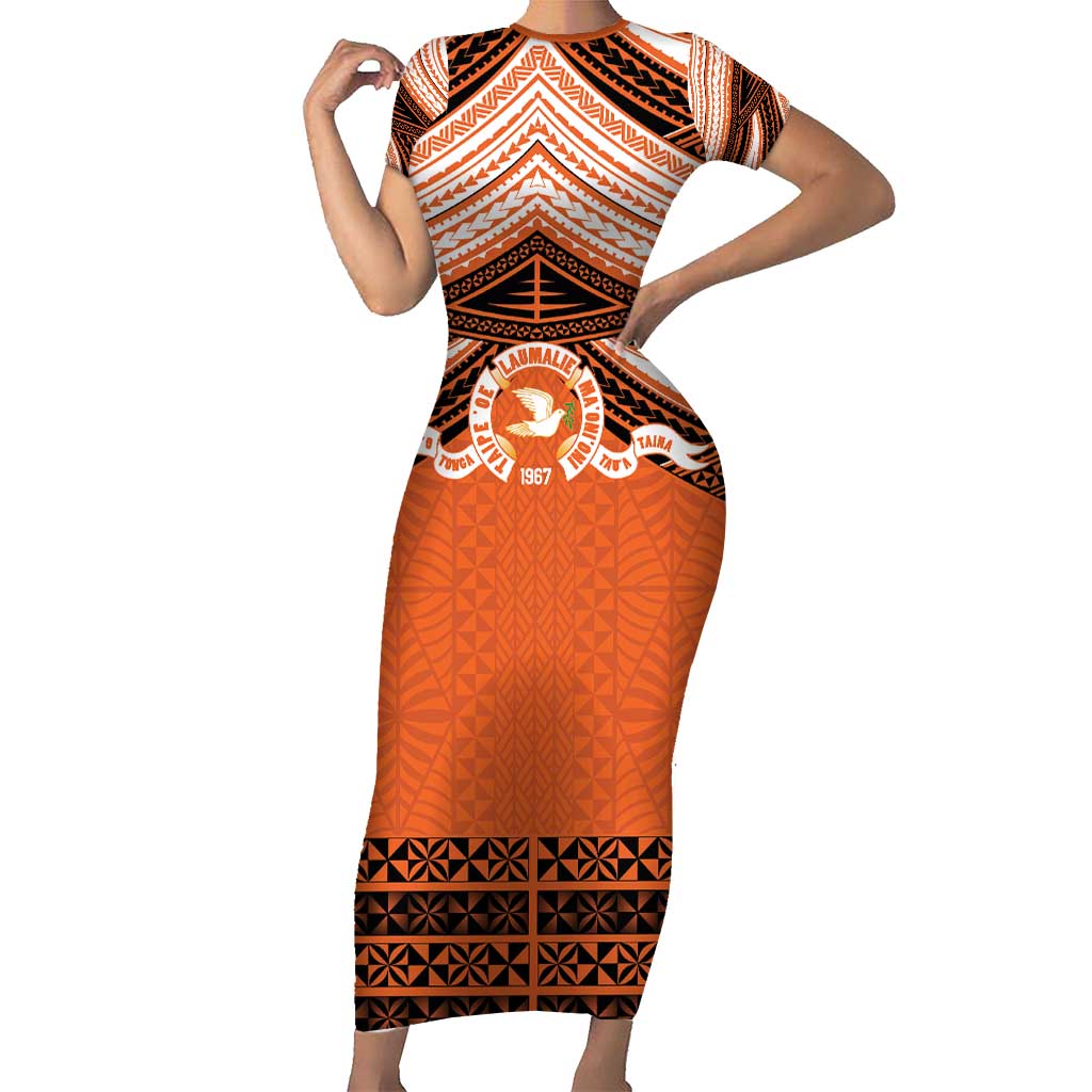 Personalised Tonga Tailulu College Short Sleeve Bodycon Dress Polynesian Ngatu Tribal