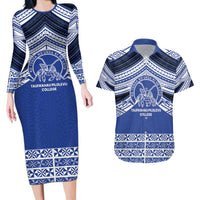 Personalised Tonga Taufa'ahau Pilolevu College Couples Matching Long Sleeve Bodycon Dress and Hawaiian Shirt Polynesian Ngatu Tribal LT9 Blue - Polynesian Pride