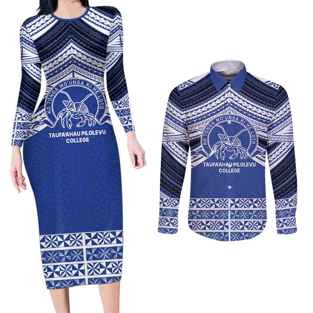 Personalised Tonga Taufa'ahau Pilolevu College Couples Matching Long Sleeve Bodycon Dress and Long Sleeve Button Shirt Polynesian Ngatu Tribal LT9 Blue - Polynesian Pride