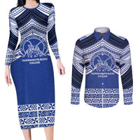 Personalised Tonga Taufa'ahau Pilolevu College Couples Matching Long Sleeve Bodycon Dress and Long Sleeve Button Shirt Polynesian Ngatu Tribal LT9 Blue - Polynesian Pride