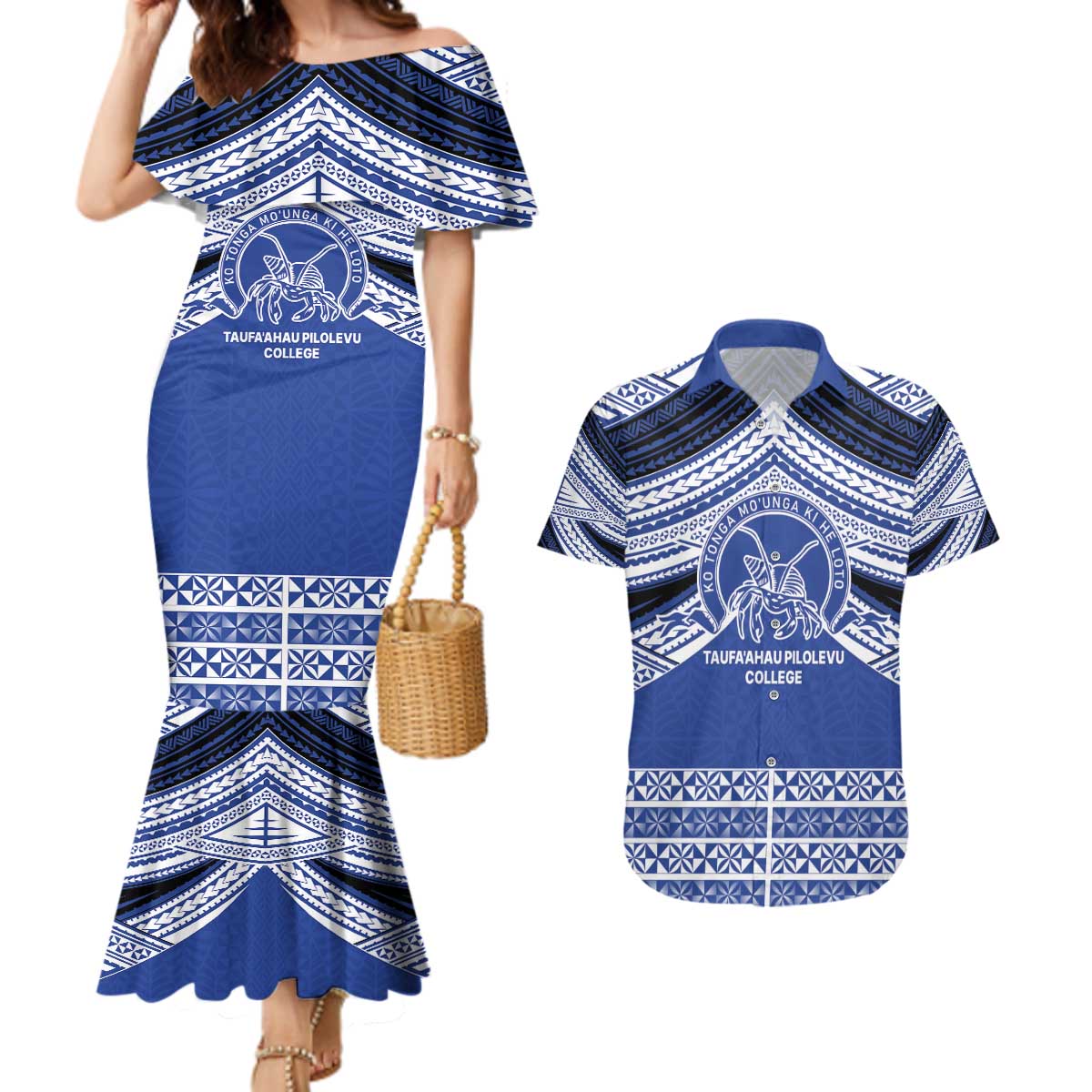 Personalised Tonga Taufa'ahau Pilolevu College Couples Matching Mermaid Dress and Hawaiian Shirt Polynesian Ngatu Tribal LT9 Blue - Polynesian Pride