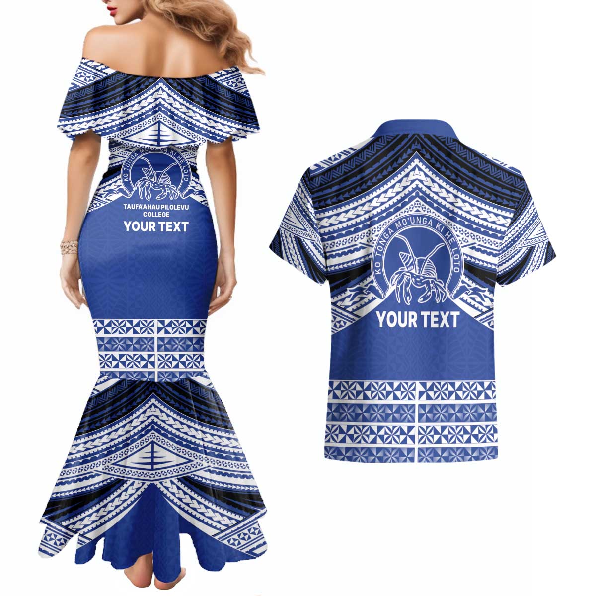 Personalised Tonga Taufa'ahau Pilolevu College Couples Matching Mermaid Dress and Hawaiian Shirt Polynesian Ngatu Tribal LT9 - Polynesian Pride