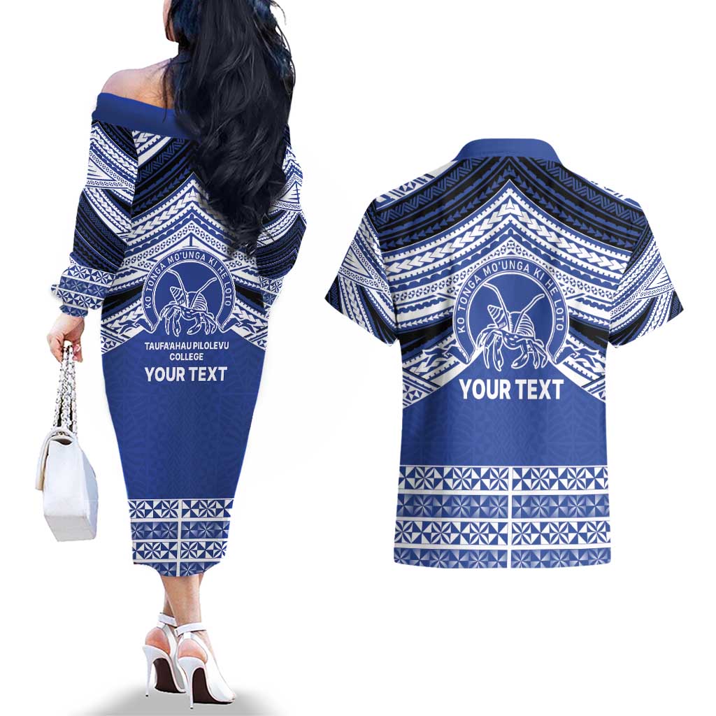 Personalised Tonga Taufa'ahau Pilolevu College Couples Matching Off The Shoulder Long Sleeve Dress and Hawaiian Shirt Polynesian Ngatu Tribal LT9 - Polynesian Pride