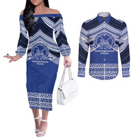 Personalised Tonga Taufa'ahau Pilolevu College Couples Matching Off The Shoulder Long Sleeve Dress and Long Sleeve Button Shirt Polynesian Ngatu Tribal LT9 Blue - Polynesian Pride