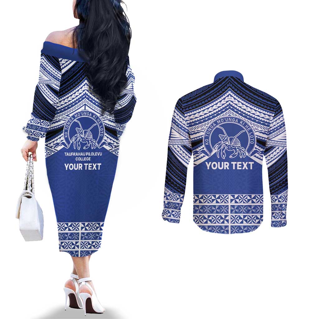 Personalised Tonga Taufa'ahau Pilolevu College Couples Matching Off The Shoulder Long Sleeve Dress and Long Sleeve Button Shirt Polynesian Ngatu Tribal LT9 - Polynesian Pride