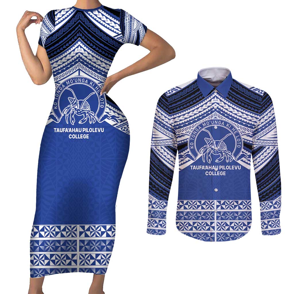 Personalised Tonga Taufa'ahau Pilolevu College Couples Matching Short Sleeve Bodycon Dress and Long Sleeve Button Shirt Polynesian Ngatu Tribal LT9 Blue - Polynesian Pride