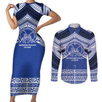 Personalised Tonga Taufa'ahau Pilolevu College Couples Matching Short Sleeve Bodycon Dress and Long Sleeve Button Shirt Polynesian Ngatu Tribal LT9 Blue - Polynesian Pride