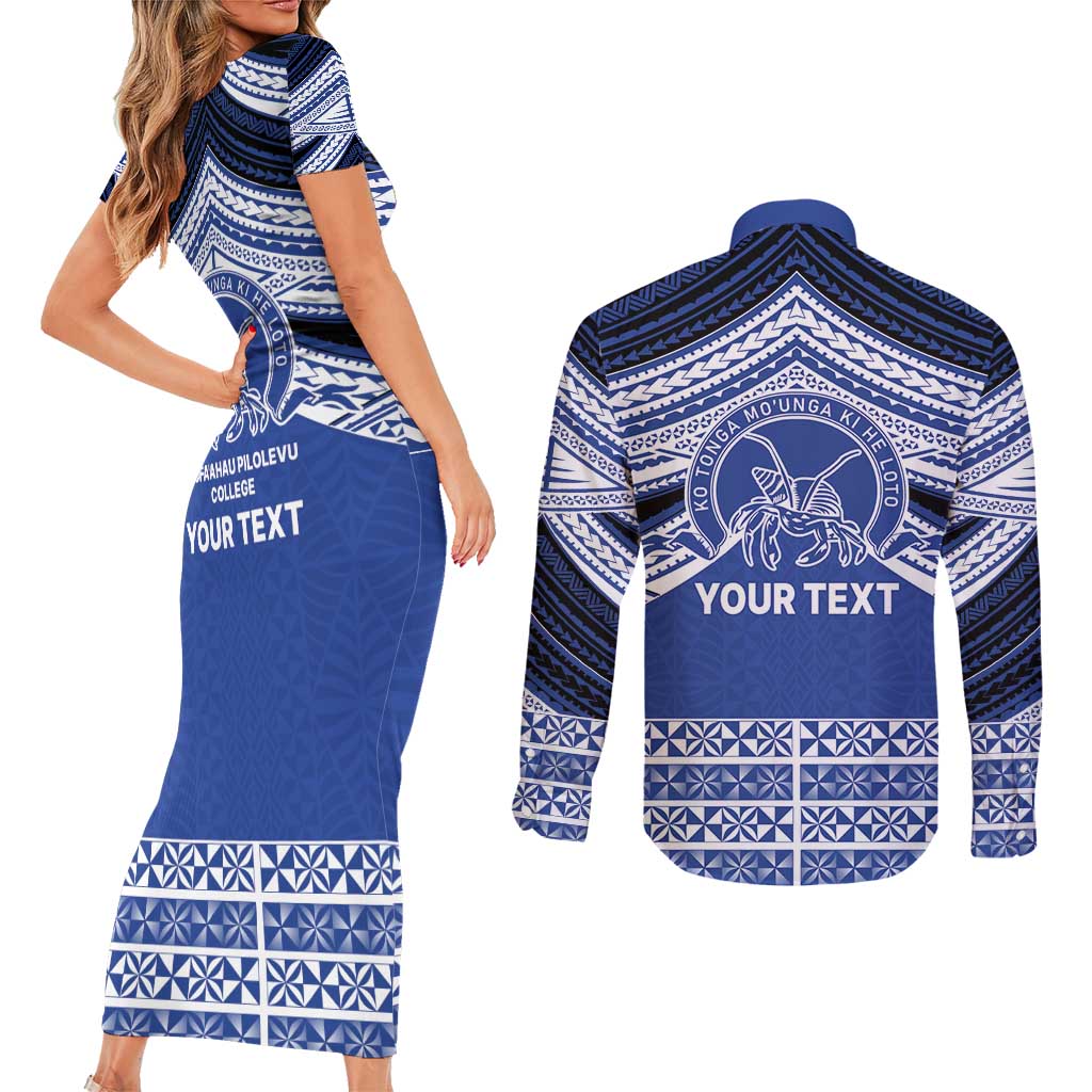 Personalised Tonga Taufa'ahau Pilolevu College Couples Matching Short Sleeve Bodycon Dress and Long Sleeve Button Shirt Polynesian Ngatu Tribal LT9 - Polynesian Pride