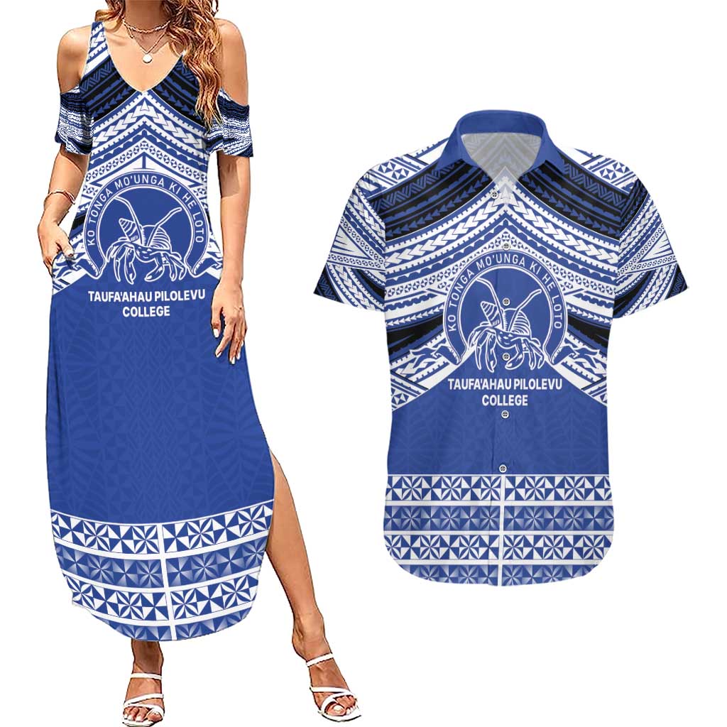 Personalised Tonga Taufa'ahau Pilolevu College Couples Matching Summer Maxi Dress and Hawaiian Shirt Polynesian Ngatu Tribal LT9 Blue - Polynesian Pride