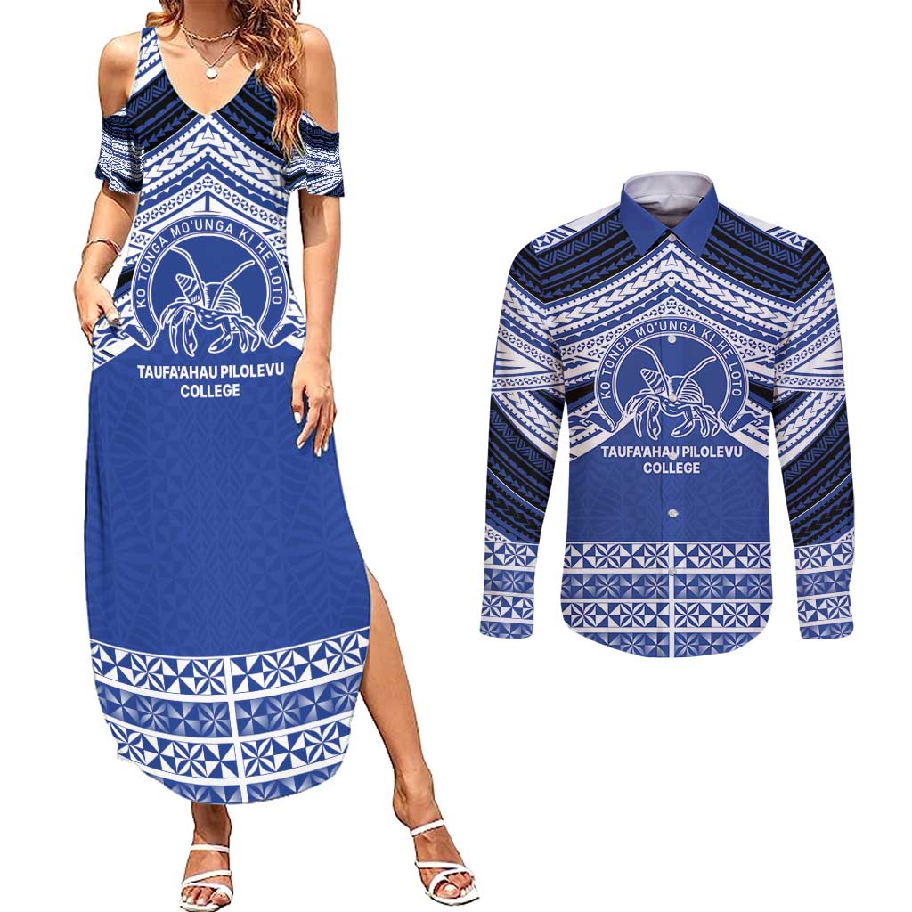 Personalised Tonga Taufa'ahau Pilolevu College Couples Matching Summer Maxi Dress and Long Sleeve Button Shirt Polynesian Ngatu Tribal