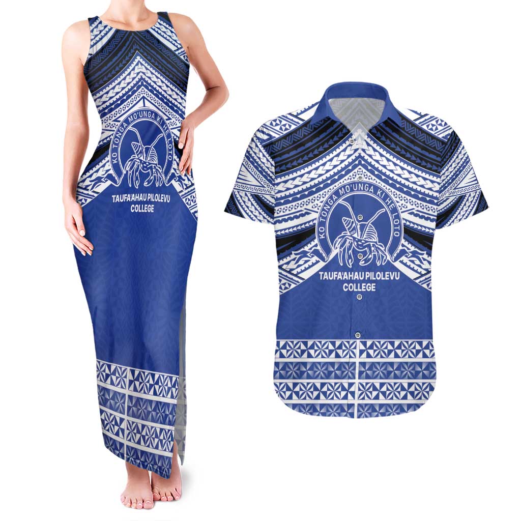 Personalised Tonga Taufa'ahau Pilolevu College Couples Matching Tank Maxi Dress and Hawaiian Shirt Polynesian Ngatu Tribal LT9 Blue - Polynesian Pride