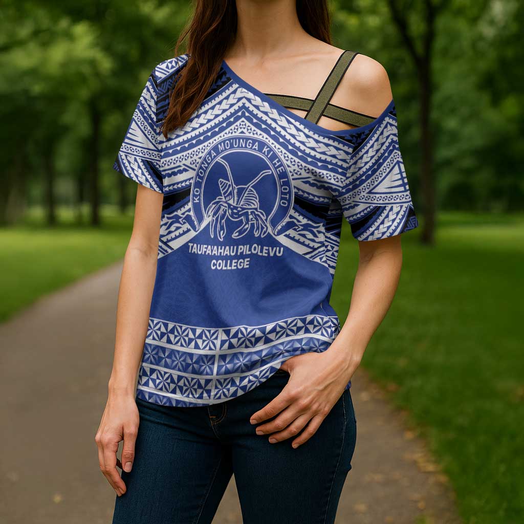 Personalised Tonga Taufa'ahau Pilolevu College Cross Shoulder Shirt Polynesian Ngatu Tribal - Polynesian Pride