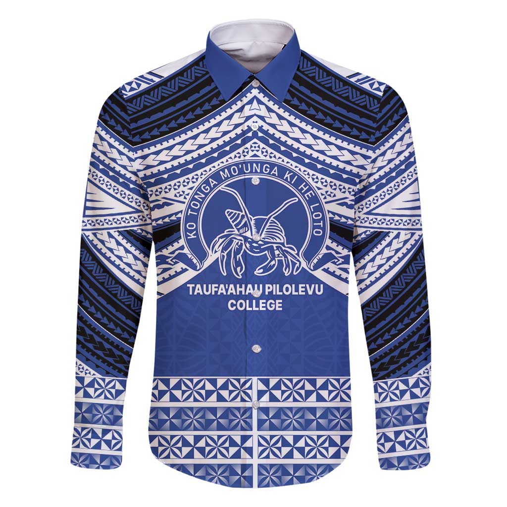 Personalised Tonga Taufa'ahau Pilolevu College Family Matching Mermaid Dress and Hawaiian Shirt Polynesian Ngatu Tribal LT9 Dad's Shirt - Long Sleeve Blue - Polynesian Pride