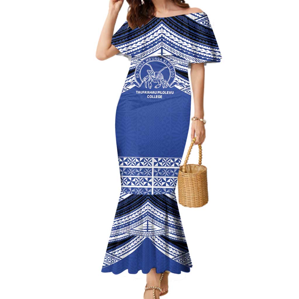 Personalised Tonga Taufa'ahau Pilolevu College Family Matching Mermaid Dress and Hawaiian Shirt Polynesian Ngatu Tribal LT9 Mom's Dress Blue - Polynesian Pride