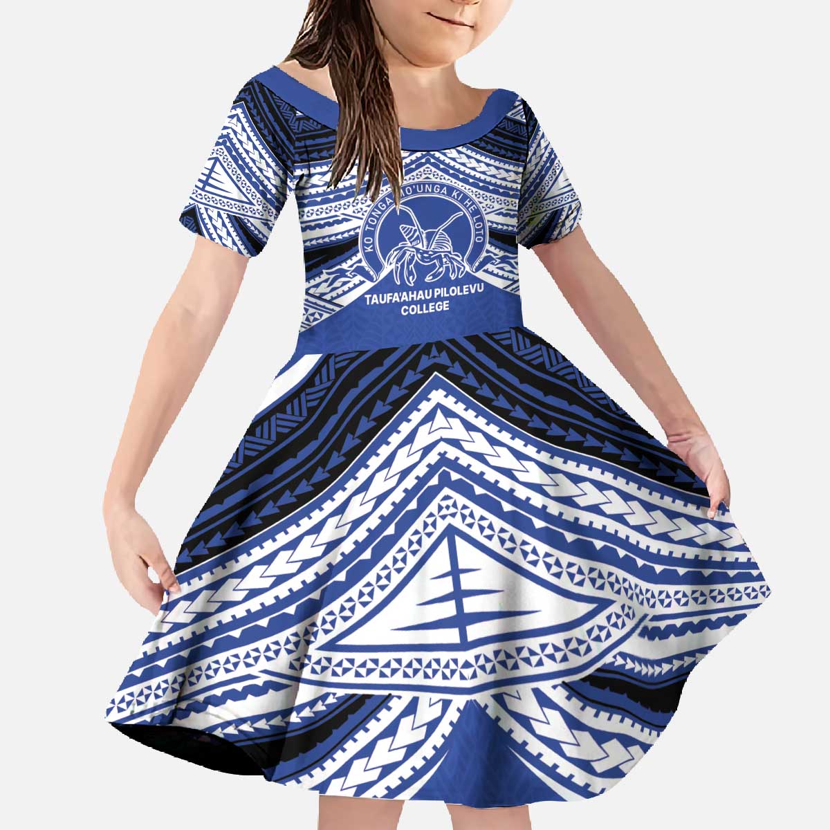Personalised Tonga Taufa'ahau Pilolevu College Family Matching Off The Shoulder Long Sleeve Dress and Hawaiian Shirt Polynesian Ngatu Tribal LT9 Daughter's Dress Blue - Polynesian Pride