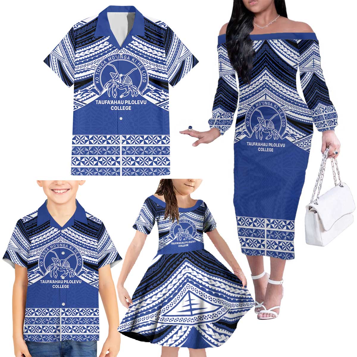 Personalised Tonga Taufa'ahau Pilolevu College Family Matching Off The Shoulder Long Sleeve Dress and Hawaiian Shirt Polynesian Ngatu Tribal LT9 - Polynesian Pride