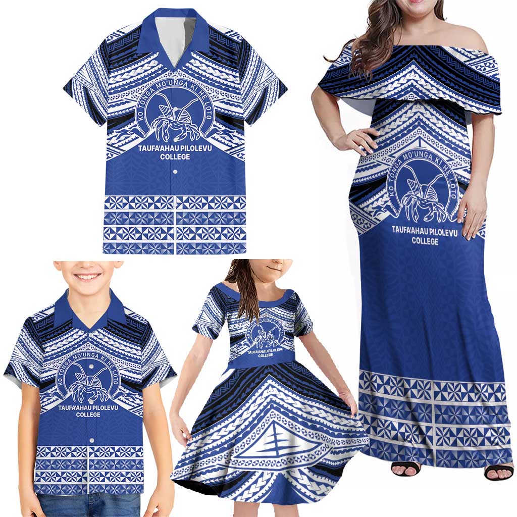 Personalised Tonga Taufa'ahau Pilolevu College Family Matching Off Shoulder Maxi Dress and Hawaiian Shirt Polynesian Ngatu Tribal