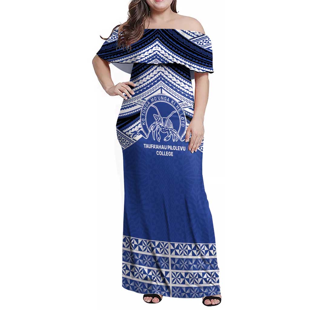 Personalised Tonga Taufa'ahau Pilolevu College Family Matching Off Shoulder Maxi Dress and Hawaiian Shirt Polynesian Ngatu Tribal LT9 Mom's Dress Blue - Polynesian Pride