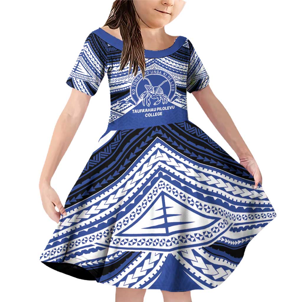 Personalised Tonga Taufa'ahau Pilolevu College Family Matching Off Shoulder Short Dress and Hawaiian Shirt Polynesian Ngatu Tribal LT9 Daughter's Dress Blue - Polynesian Pride