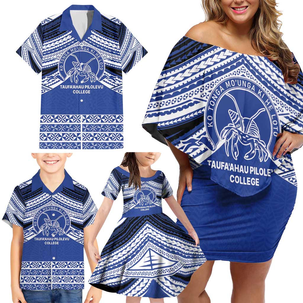 Personalised Tonga Taufa'ahau Pilolevu College Family Matching Off Shoulder Short Dress and Hawaiian Shirt Polynesian Ngatu Tribal LT9 - Polynesian Pride