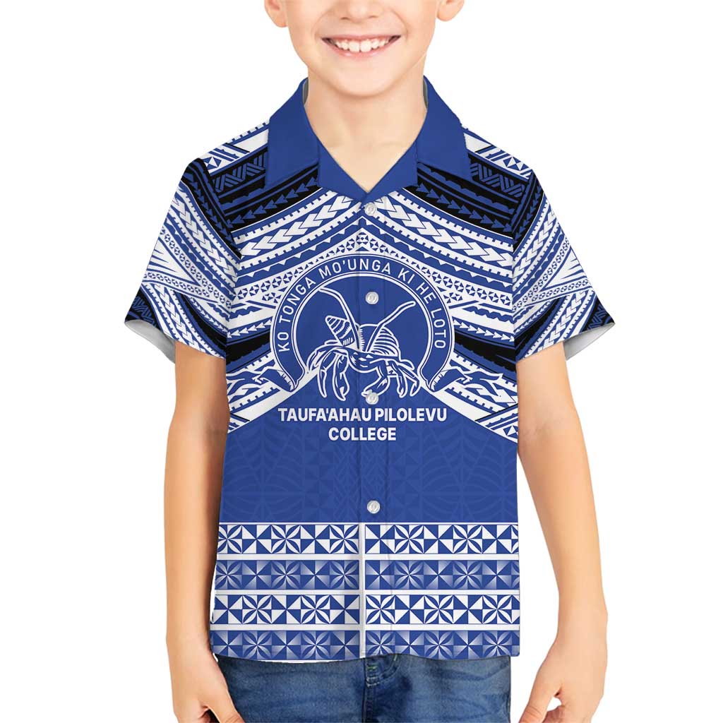 Personalised Tonga Taufa'ahau Pilolevu College Family Matching Off Shoulder Short Dress and Hawaiian Shirt Polynesian Ngatu Tribal LT9 Son's Shirt Blue - Polynesian Pride