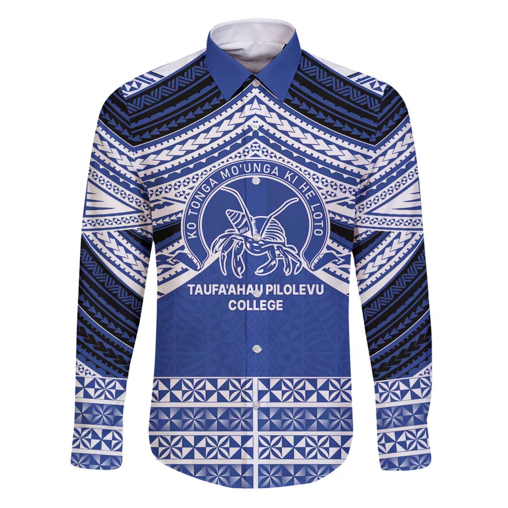 Personalised Tonga Taufa'ahau Pilolevu College Family Matching Puletasi and Hawaiian Shirt Polynesian Ngatu Tribal LT9 Dad's Shirt - Long Sleeve Blue - Polynesian Pride