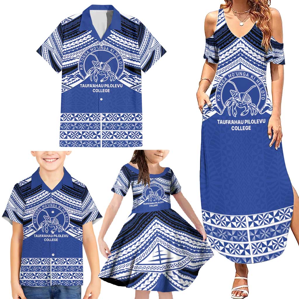 Personalised Tonga Taufa'ahau Pilolevu College Family Matching Summer Maxi Dress and Hawaiian Shirt Polynesian Ngatu Tribal
