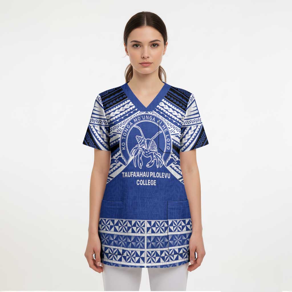 Personalised Tonga Taufa'ahau Pilolevu College Scrub Top Polynesian Ngatu Tribal - Polynesian Pride