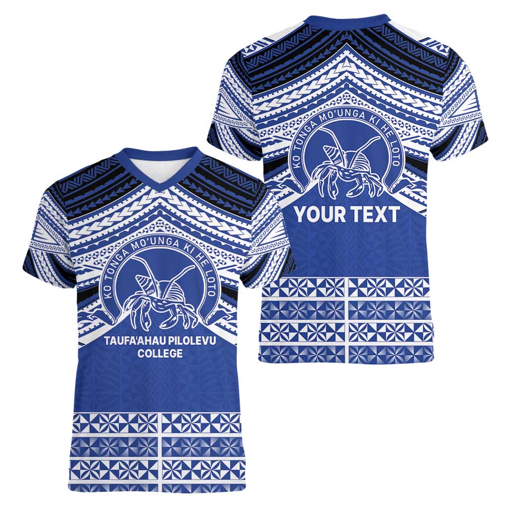 Personalised Tonga Taufa'ahau Pilolevu College Women V-Neck T-Shirt Polynesian Ngatu Tribal