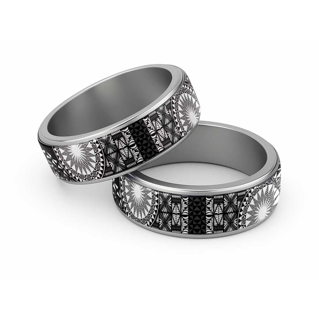 Black Tongan Ngatu Fonulei Pattern Classic Ring - Polynesian Pride