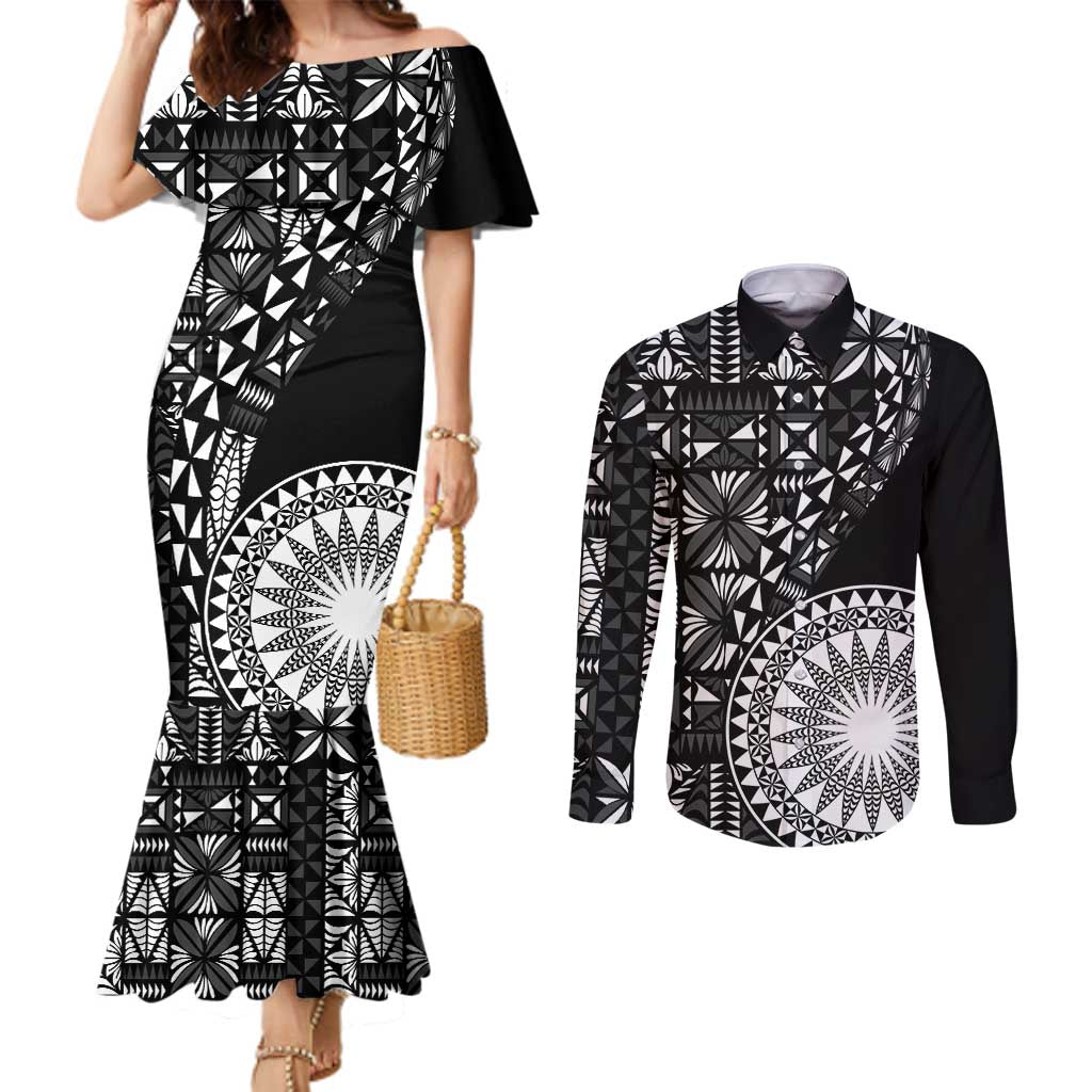 Black Tongan Ngatu Fonulei Pattern Couples Matching Mermaid Dress and Long Sleeve Button Shirt