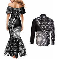 Black Tongan Ngatu Fonulei Pattern Couples Matching Mermaid Dress and Long Sleeve Button Shirt