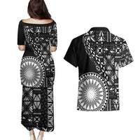 Black Tongan Ngatu Fonulei Pattern Couples Matching Puletasi and Hawaiian Shirt
