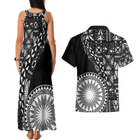 Black Tongan Ngatu Fonulei Pattern Couples Matching Tank Maxi Dress and Hawaiian Shirt