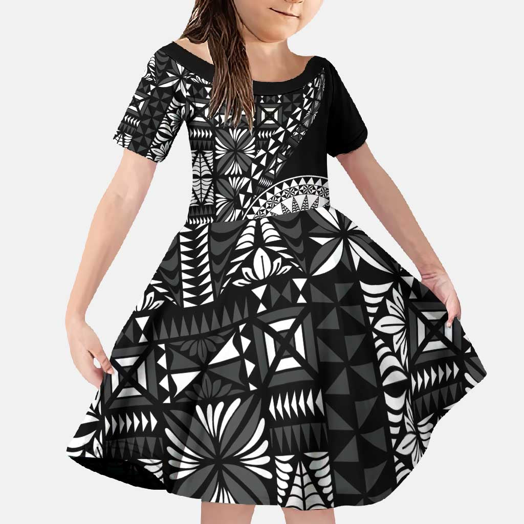 Black Tongan Ngatu Fonulei Pattern Family Matching Long Sleeve Bodycon Dress and Hawaiian Shirt LT9 Daughter's Dress Black - Polynesian Pride