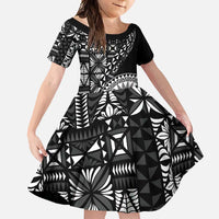 Black Tongan Ngatu Fonulei Pattern Family Matching Long Sleeve Bodycon Dress and Hawaiian Shirt LT9 Daughter's Dress Black - Polynesian Pride