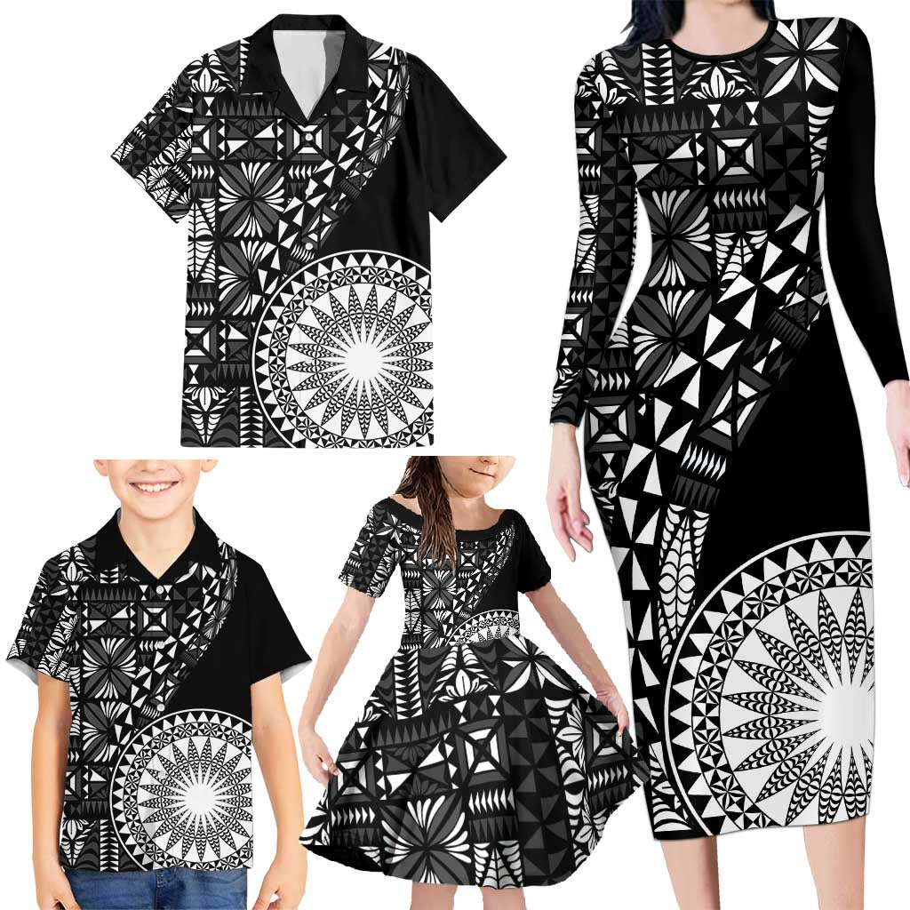 Black Tongan Ngatu Fonulei Pattern Family Matching Long Sleeve Bodycon Dress and Hawaiian Shirt LT9 - Polynesian Pride